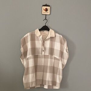 Moss Club Oversized Ball Style Cap Sleeves Checked Linen Shirt